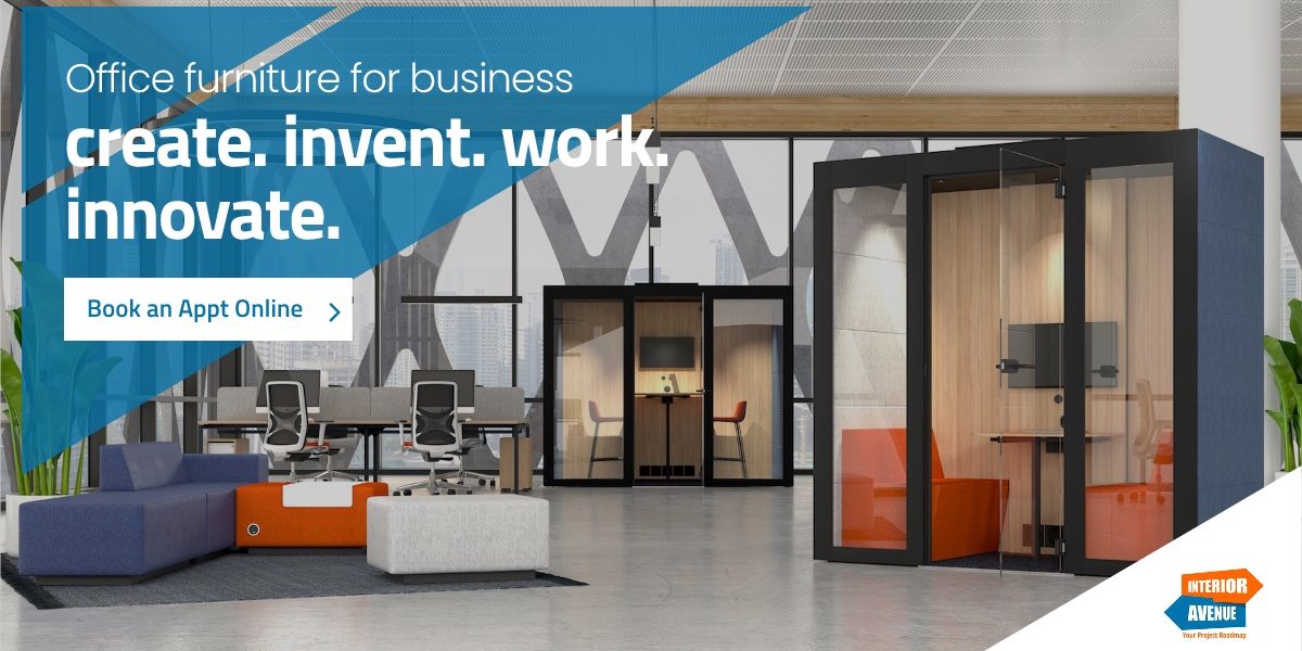 Open Plan Office with Lounge seating, desks, and Phone booths.